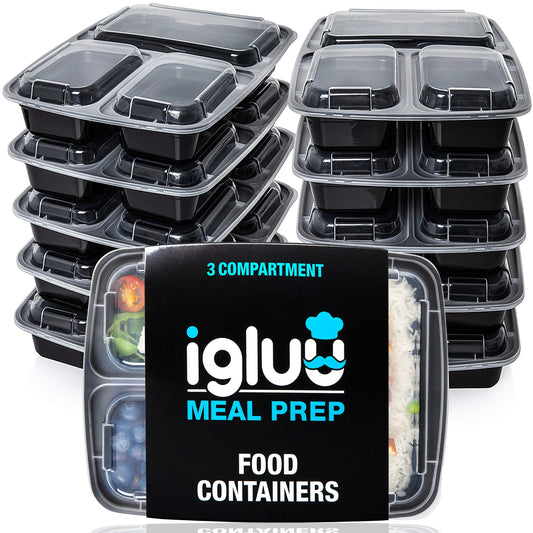 [10 Pack] 3 Compartment BPA Free Reusable Meal Prep Containers - Plastic Food Storage Trays with Airtight Lids - Microwavable, Freezer and Dishwasher Safe - Stackable Bento Lunch Boxes (32 oz) 10