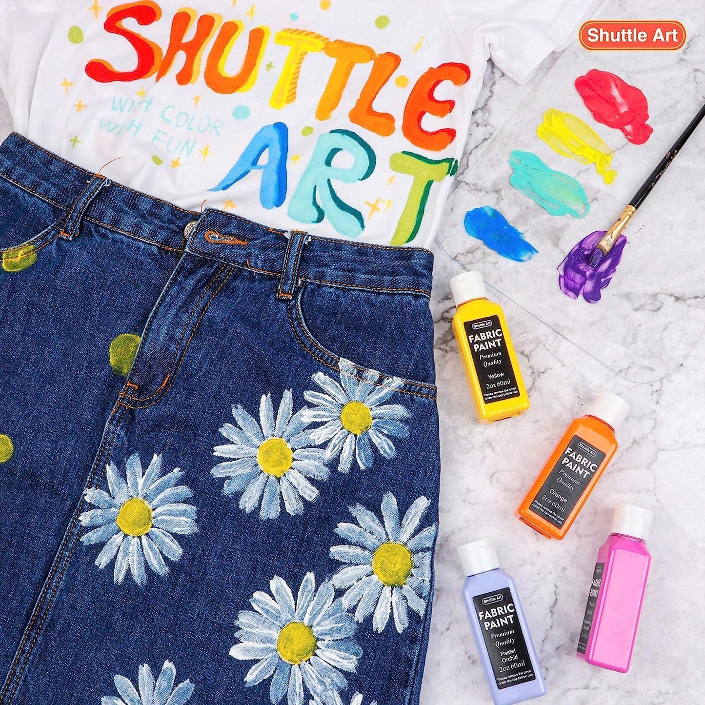 Shuttle Art Fabric Paint Permanent for Clothes, 18 Colours Fabric Paints in Bottles (60ml/2oz) with Brushes, Palette, Stencils, Non-Toxic Textile Paints for T-Shirt, Shoes, Bag, Jeans, No Heating Need