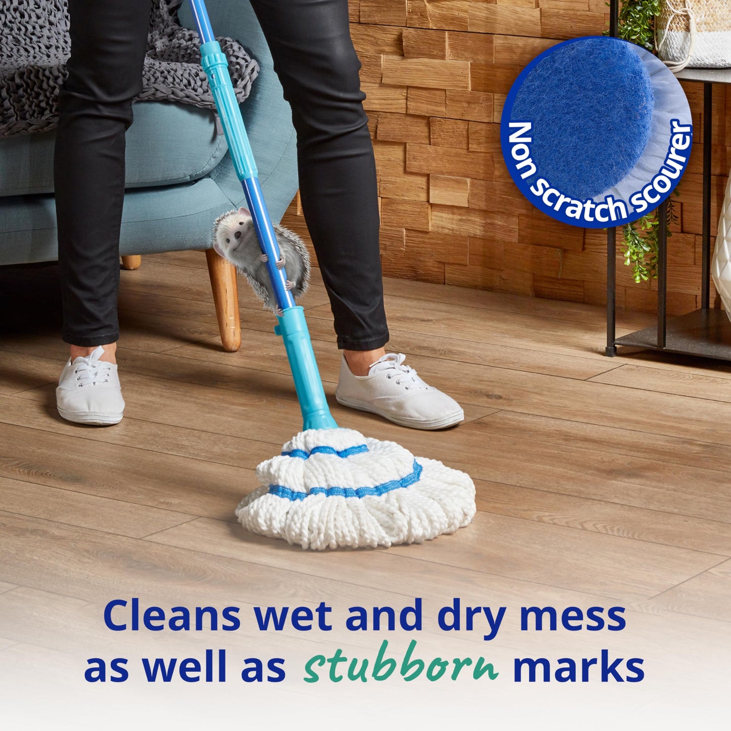 Spontex Twist Mop - Microfibre Mop with Built-In Self Wringing System - Non-Scratch Scourer Pad for Tough Stains - Cleans Laminate, Wood & Tile Flooring - Washable Mop Head