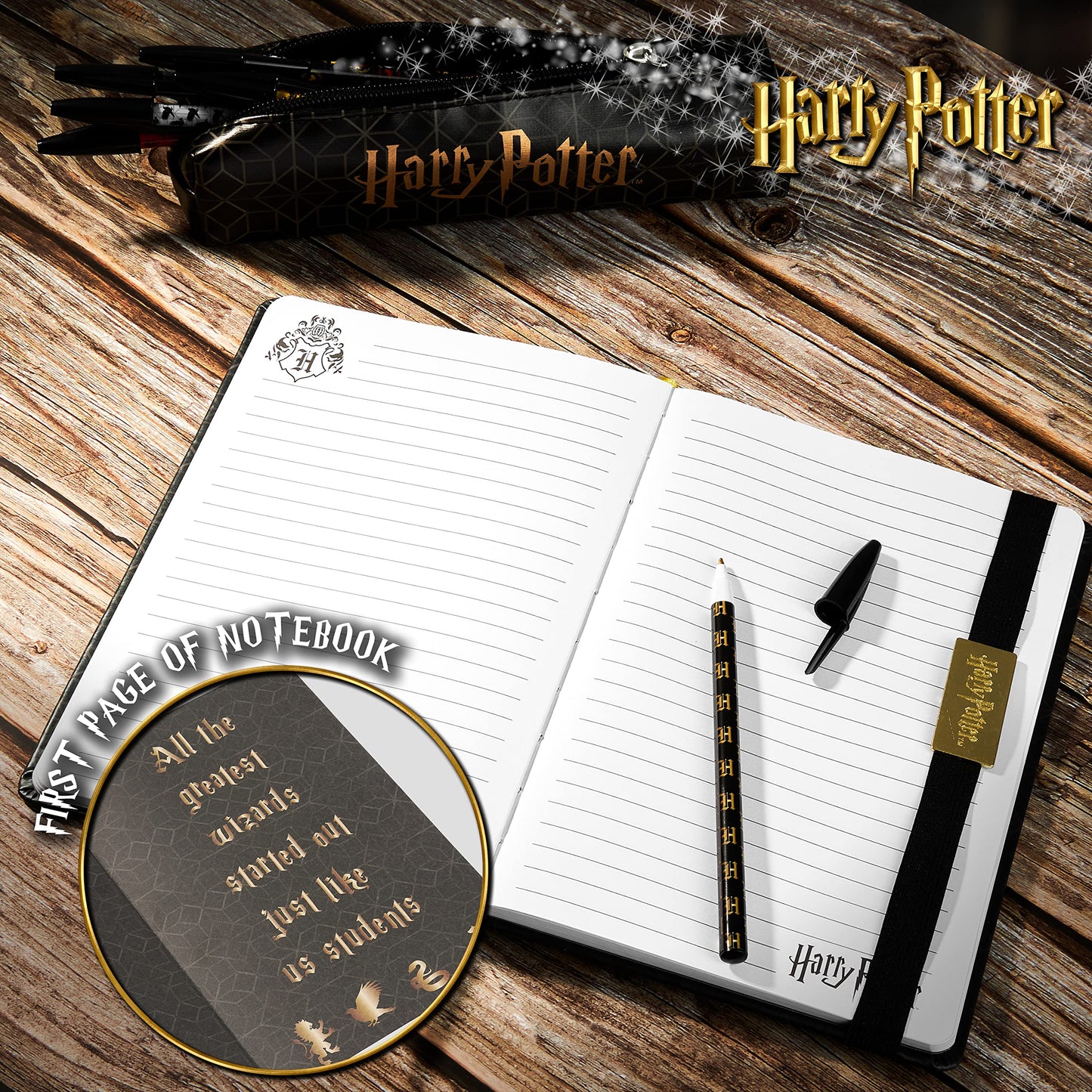 Harry Potter A5 Notebook and Pencil Case for Girls and Boys Stationery Set with Pens, School Supplies for Kids and Teens (Black/Gold) Black/Gold