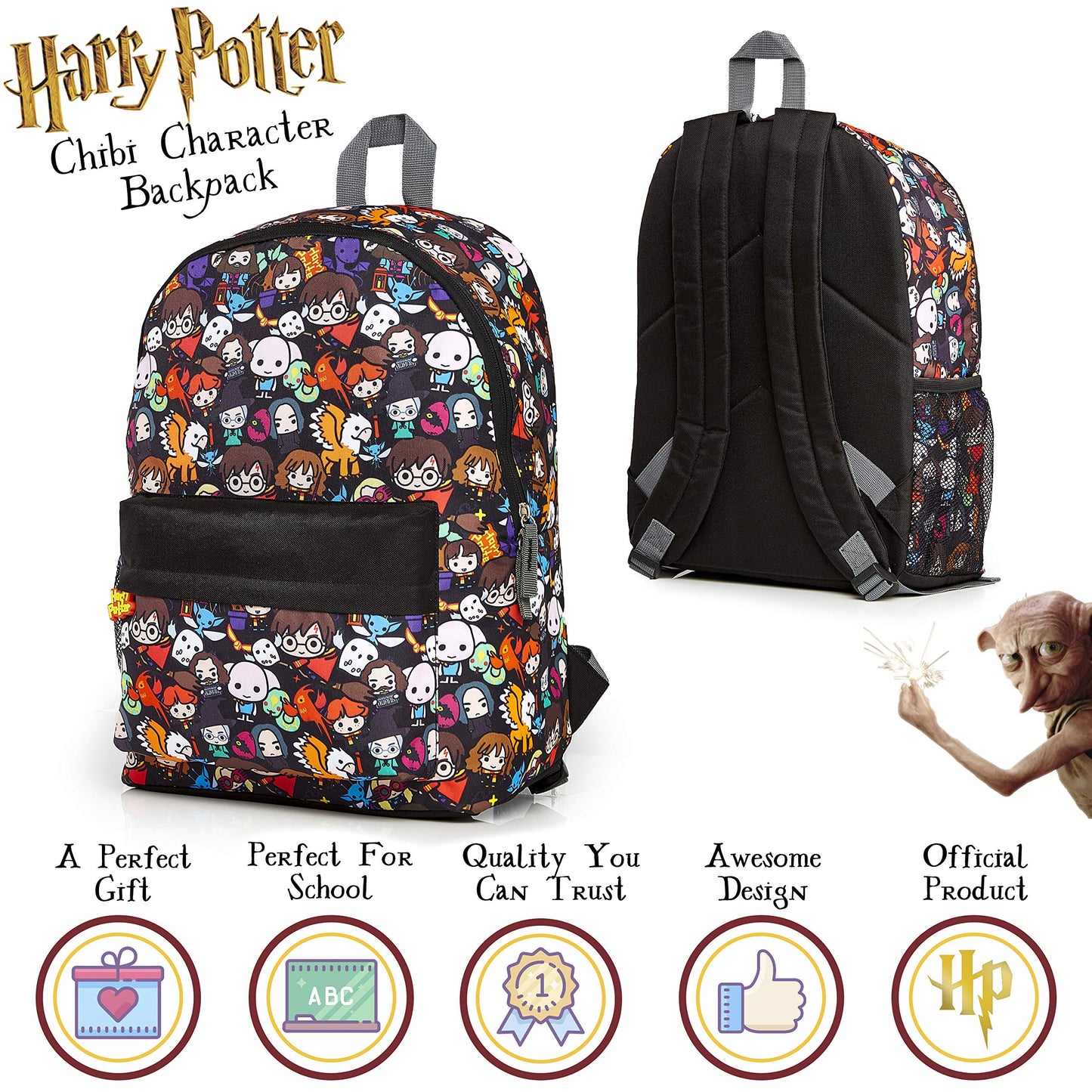 Harry Potter School Bag, Backpacks for Girls Boys with Chibi Character Print, School Supplies for Kids, Large Rucksack for School Travel, Harry Potter Gifts for Boys Girls Teenagers