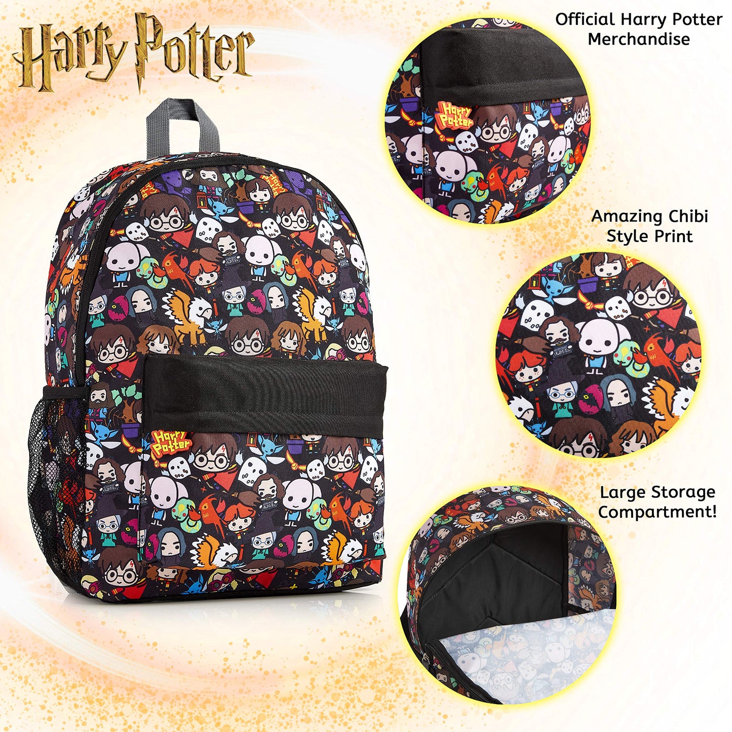 Harry Potter School Bag, Backpacks for Girls Boys with Chibi Character Print, School Supplies for Kids, Large Rucksack for School Travel, Harry Potter Gifts for Boys Girls Teenagers