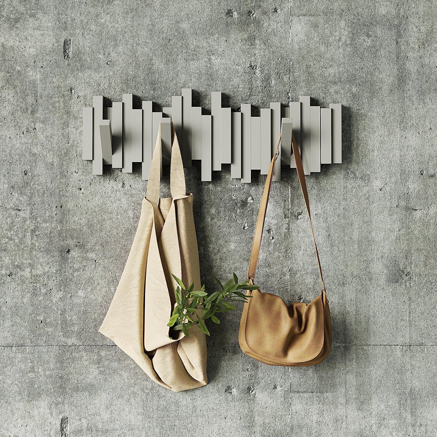 Umbra Sticks Multi Hook Coat Rack - Modern, Unique, Space-Saving Wall Mounted Coat Hanger with 5 Flip-Down Hooks for Hanging Coats, Scarves, Purses and More, Grey